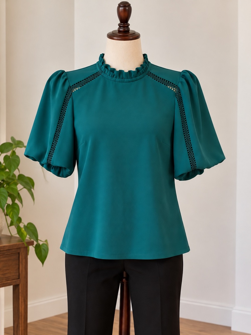 RW&CO Teal Green Puff Sleeve Blouse Medium Corporate Chic Romantic Office